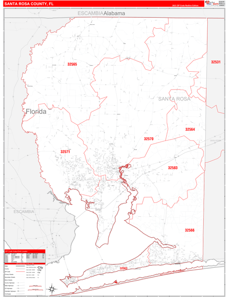 Santa Rosa County Digital Map Red Line Style